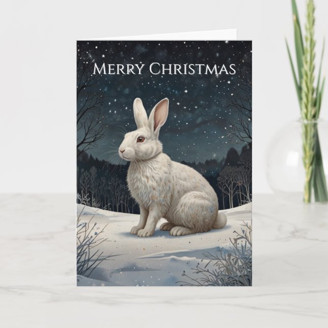 Elegant white rabbit Christmas snowy woodland  Helgkort (Framsida)