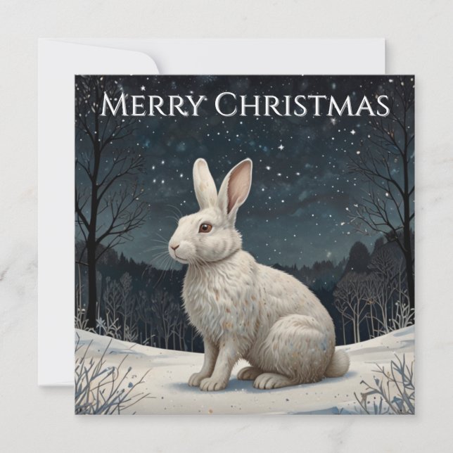 Elegant white rabbit Christmas snowy woodland  Julkort (Framsida)
