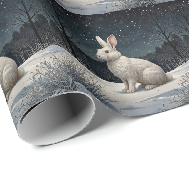 Elegant white rabbit Christmas snowy woodland  Presentpapper (Rullad Hörn)