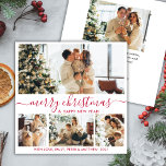 Elegant White Red 4 Photo Collage jul Holida Julkort<br><div class="desc">Elegant Calligraphy Minimalist White and Red 4 Photo Collage God jul Script Helgdag Card. Den här sjutna, minimalistiska, visuella, fyra (4) fotokortsmallen har en söt fotokollage och säger "God jul och Gott nytt år"! Texten "God jul" hälsning är skriven i ett vackert handskrivet teckensnitt som snabbt kan bytas ut mot...</div>