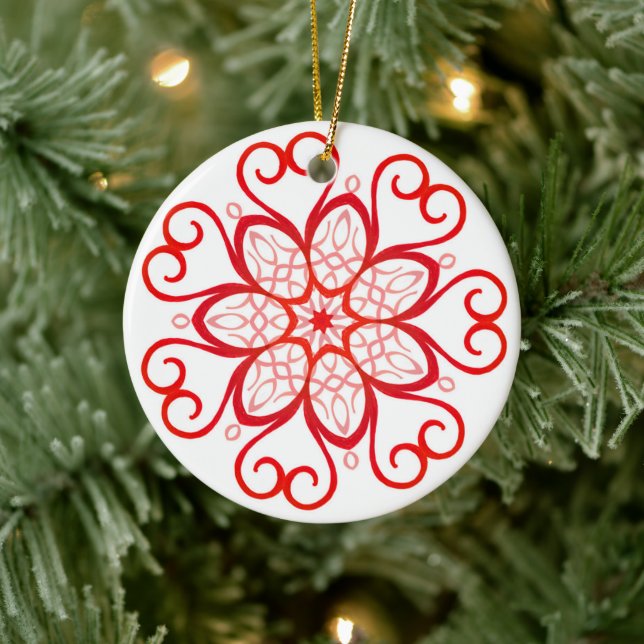 Elegant White & Red Decorative Mandala-jul Julgransprydnad Keramik (Träd)