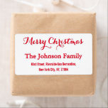 Elegant White Red Script-Returadress - Jul Fraktsedel<br><div class="desc">Anpassningsbar,  personlig,  elegant vit,  luxe christmas röd typografi-skript,  julhelg bläckstråleskrivare kompatibel,  lättskrivbar,  projektionsyta avslutar,  leveransadressetikett för namn. Ange bara familjen namn/bride & groom/hustru & make namn och adress för att anpassa dig.</div>