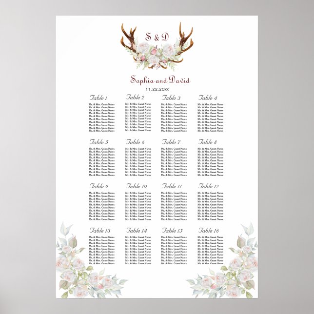 Elegant White Rosa Flowers Antlers Sittdiagram Poster (Framsidan)