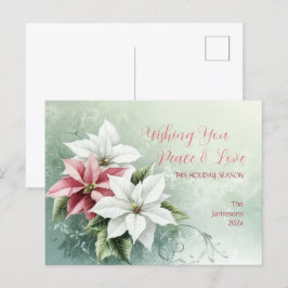 Elegant White Rosa jul Poinsettias Helg Vykort