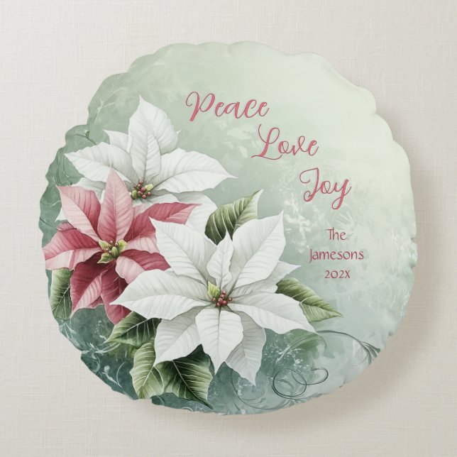 Elegant White Rosa jul Poinsettias Rund Kudde (Framsidan)
