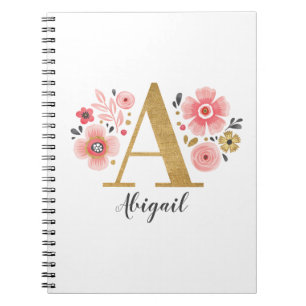 Elegant White Rosa Monogram blommigt Brev A Anteckningsbok