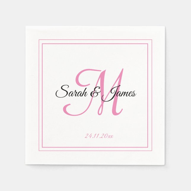 Elegant White & Rosa Monogram Bröllop Pappersserve Pappersservett (Framsidan)