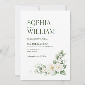 Elegant White Rose Floral Wedding Invitation with  Inbjudningar