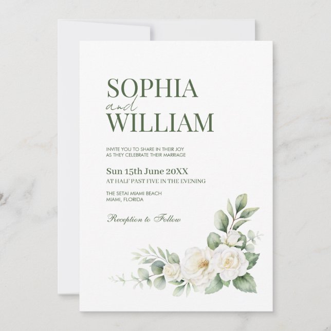 Elegant White Rose Floral Wedding Invitation with  Inbjudningar (Framsida)