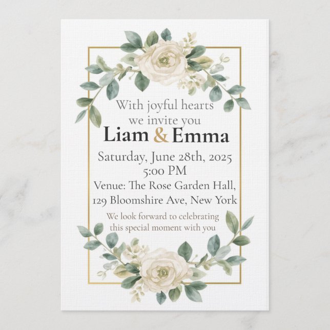 Elegant White Rose Greenery Wedding Invitation Inbjudningar (Framsida)