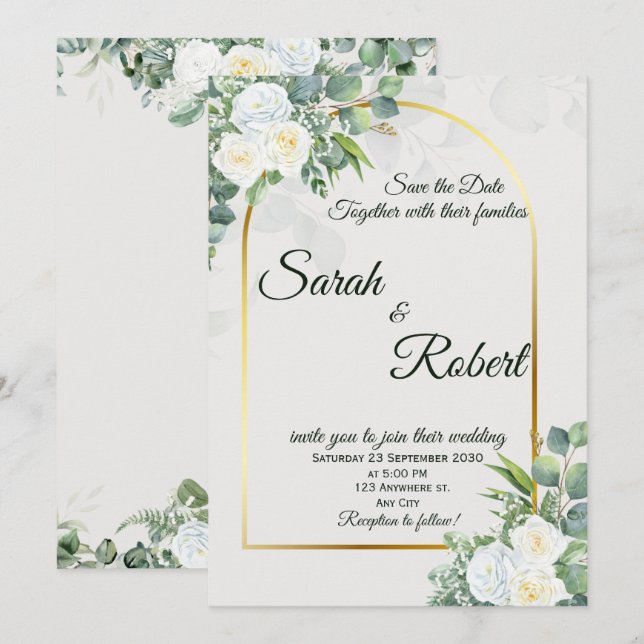 Elegant White Rose Greenery Wedding Invitation Inbjudningar (Fram/baksida)