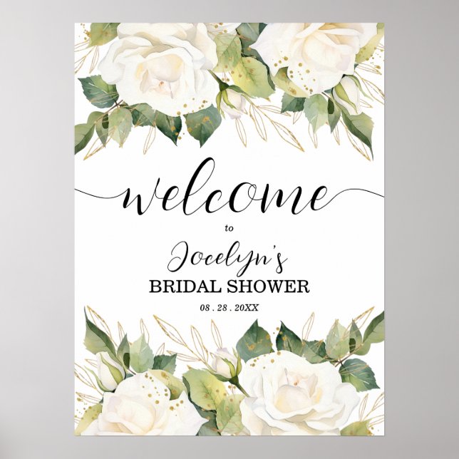 Elegant White Roses Bridal Shower Welcome Poster (Framsidan)