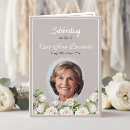Elegant White Roses Taupe Funeral Folded Program