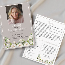 Elegant White Roses Taupe Funeral Folded Program