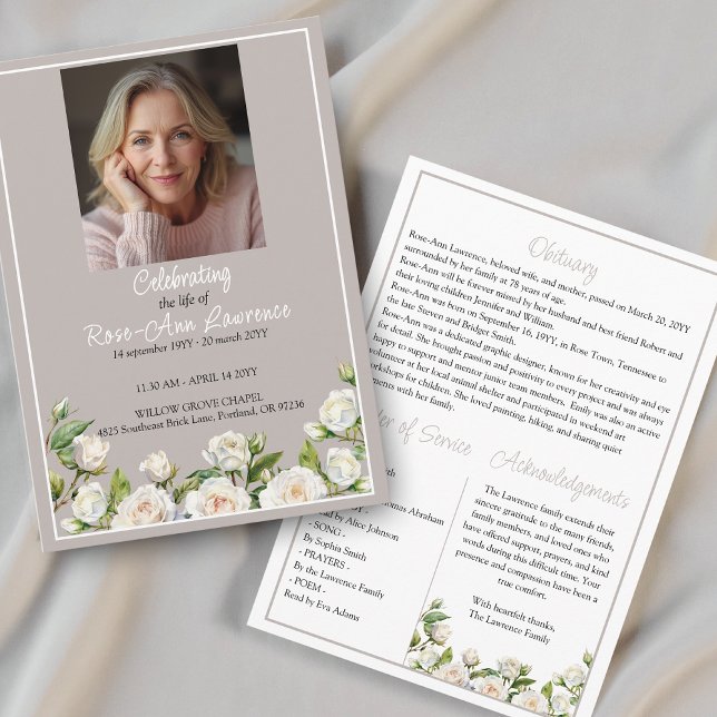 Elegant White Roses Taupe Funeral Folded Program (Skapare uppladdad)