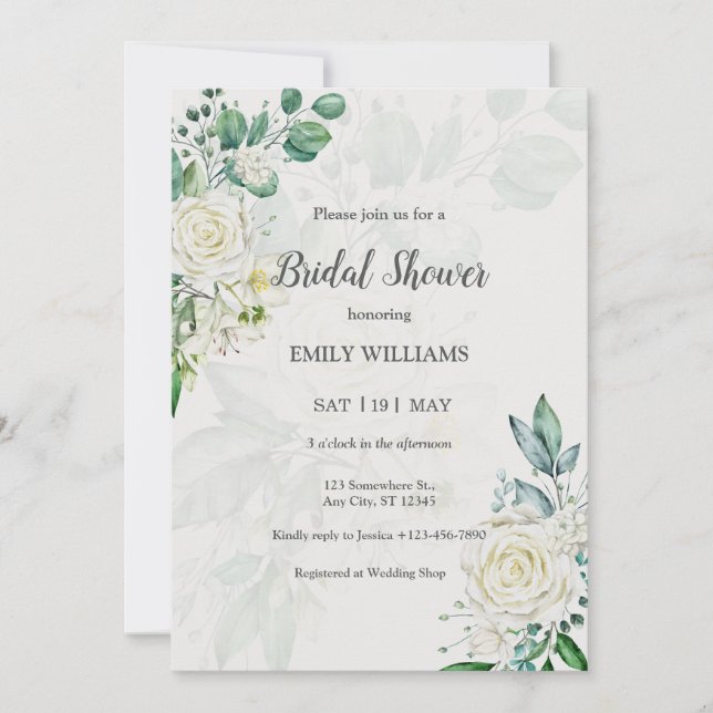Elegant White Roses Watercolor Bridal Shower Inbjudningar (Framsida)