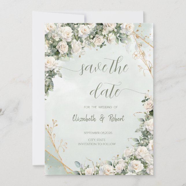Elegant White Roses Wedding Save The Date Spara Datumet (Framsida)