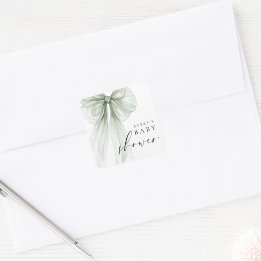 Elegant White Sage Green Bow Baby Shower Fyrkantigt Klistermärke