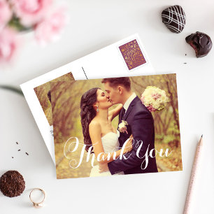 Elegant White Script Bröllop Photo Tack Vykort