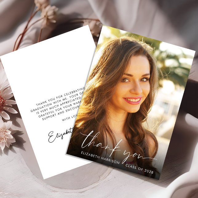 Elegant White Script Overlay Photo Studenten Tack Kort (Skapare uppladdad)