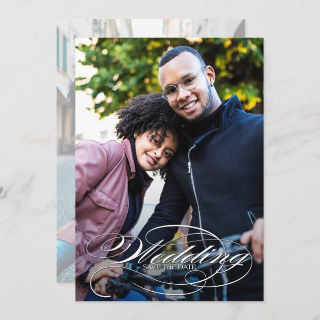 Elegant White Script Photo Bröllop Spara Datumet (Fram/baksida)