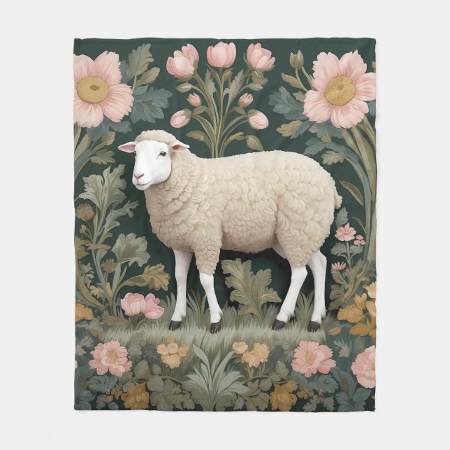 Elegant White Sheep William Morris Inspired Fleecefilt (Framsidan)