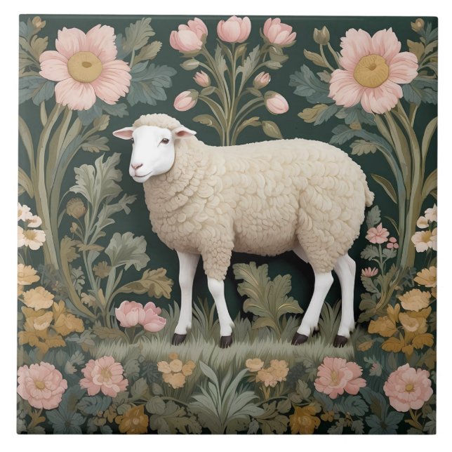 Elegant White Sheep William Morris Inspired Kakelplatta (Framsidan)