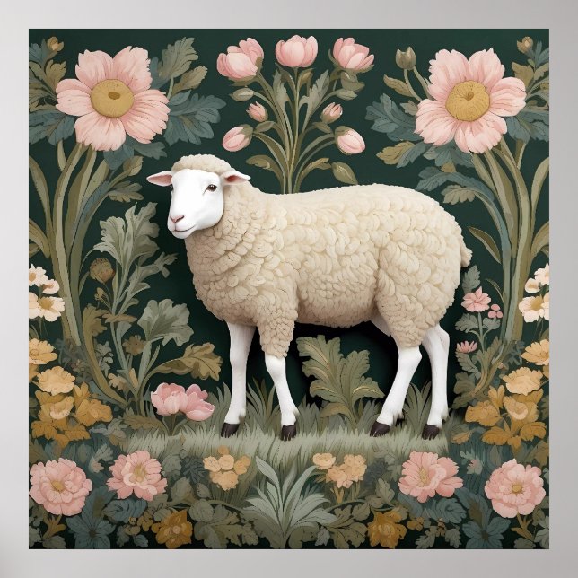 Elegant White Sheep William Morris Inspired Poster (Framsidan)