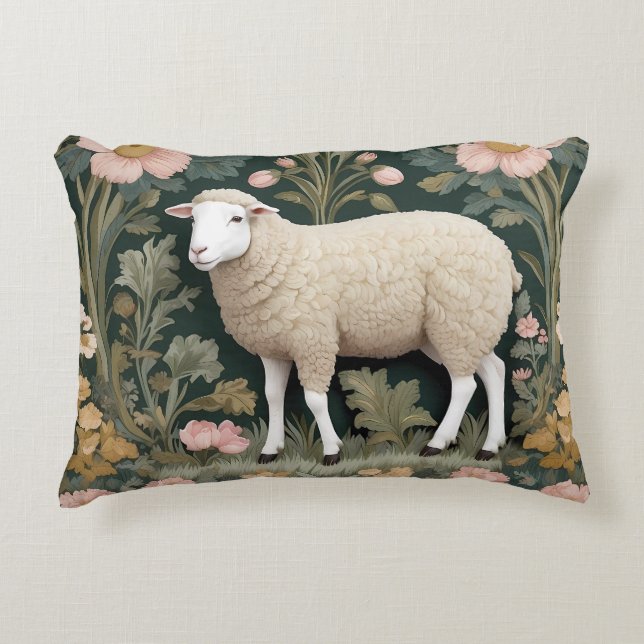 Elegant White Sheep William Morris Inspired Prydnadskudde (Framsidan)