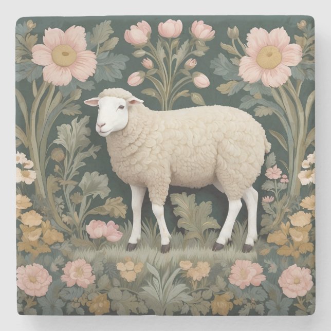 Elegant White Sheep William Morris Inspired Stenunderlägg (Framsidan)