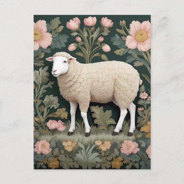 Elegant White Sheep William Morris Inspired Vykort (Framsida)