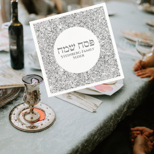 Elegant White Silver Hebrew Lycklig Pesach Glitter Pappersservett