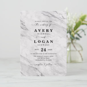 Elegant White & Silver Metallic Marble Bröllop Inbjudningar