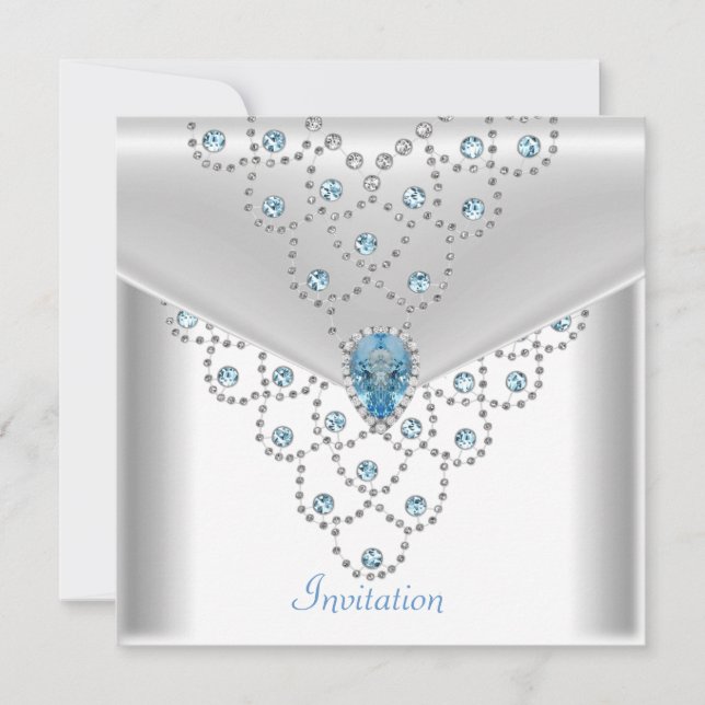 Elegant White Silver Overlay Blue Jewel Inbjudningar (Framsida)