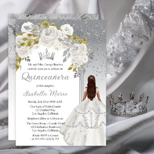 Elegant White Silver Ro Blommigt Quinceañera Party Inbjudningar