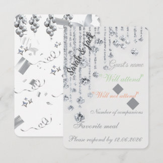 Elegant White & Silver Wedding RSVP card– Floral & OSA Kort