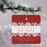 Elegant White Snöre Baby Första julfoto Julgransprydnad Keramik<br><div class="desc">Minimal och elegant enkel baby första julfoto och födelsestatus bevarar fotoornament. Utformningen har en elegant som är faux white snöre Design. Anpassa med Baby Namn,  datum,  tid och födelsestatus och lägg till ditt baby-foto på baksidan av prydnadsföremålet.</div>