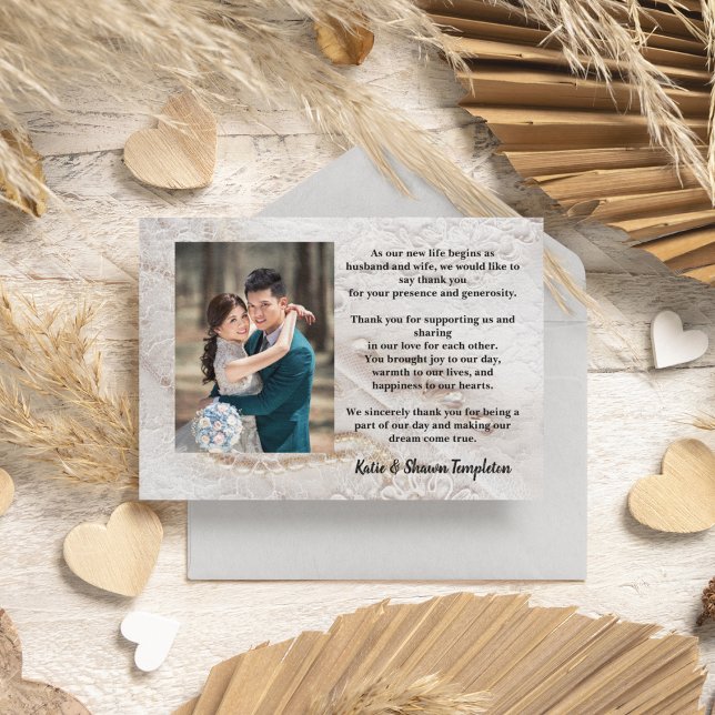 Elegant White Snöre Bröllop Photo Tack (Elegant wedding thank you mailing with perfect wording.)