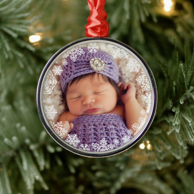 Elegant White Snowflake Ram Photo Julgransprydnad Metall (Träd)