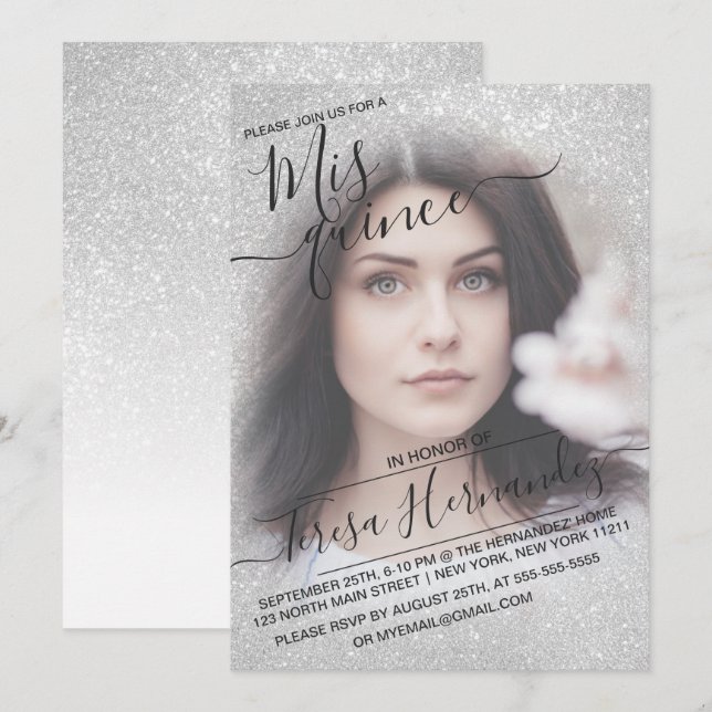 Elegant White Sparkly Glitter Photo Quinceañera Inbjudningar (Fram/baksida)