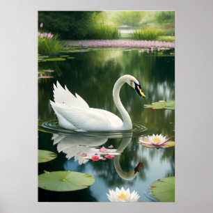 Elegant White Svan i en Forest River Art Print Poster