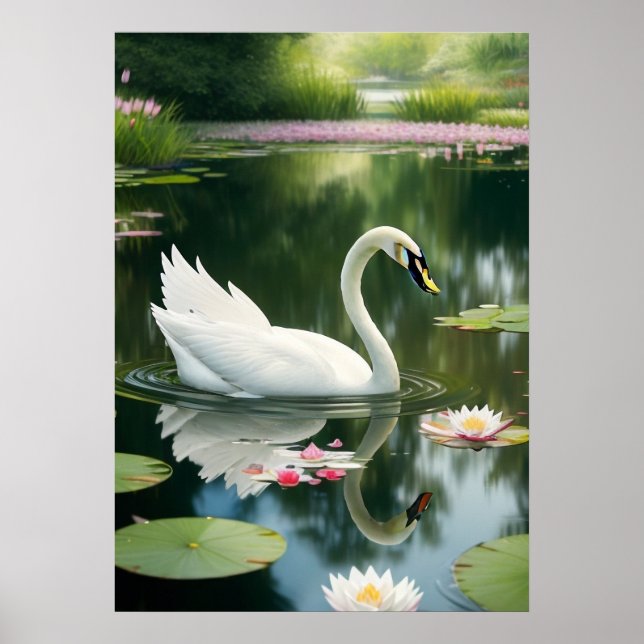 Elegant White Svan i en Forest River Art Print Poster (Framsidan)