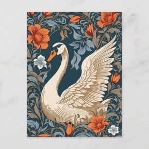 Elegant White Svan William Morris Inspired Blommig Vykort