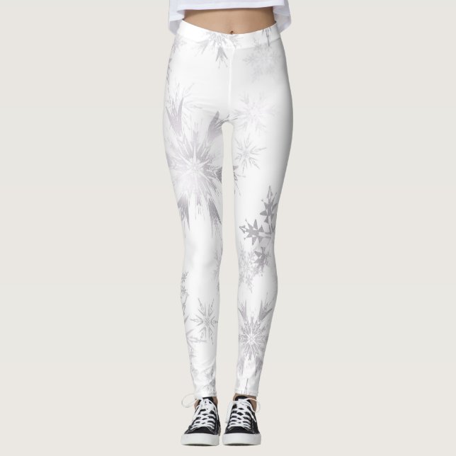 Elegant White Winter Snöflingor Leggings (Framsida)