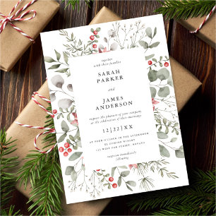 Elegant White Winter Watercolor Greenery Bröllop Inbjudningar