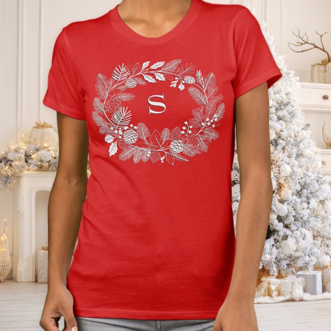 Elegant White Wreath Monogram Minimal Line Art T Shirt (A festive t-shirt for the holiday season, with a monogram initial inside a Christmas wreath)