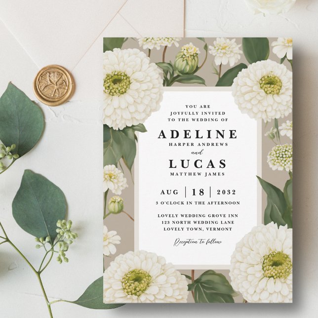 Elegant White Zinnia Flower Ivory Blommigt Bröllop Inbjudningar (White zinnia flower wedding invitation, elegant ivory floral wedding invite, taupe beige sand green)