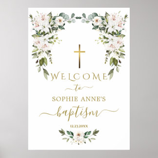 Elegant WhiteLily Wild Rose Welcome Baptism Sign Poster