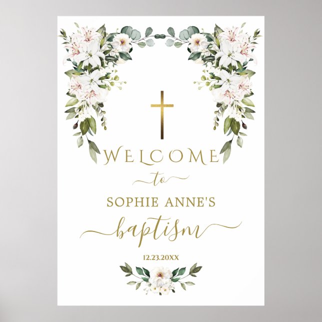 Elegant WhiteLily Wild Rose Welcome Baptism Sign Poster (Framsidan)