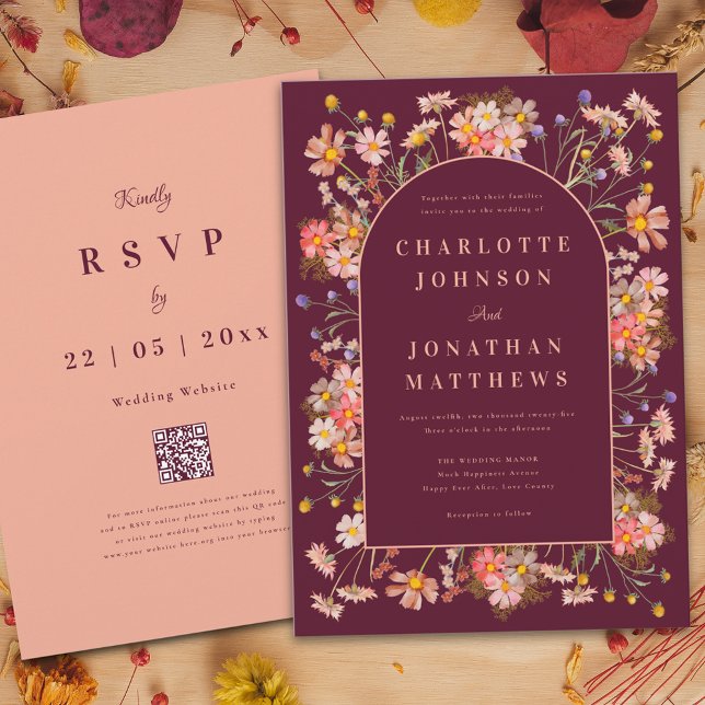 Elegant Wildblomarch Burgundy Fall Wedding Inbjudningar (Elegant boho wildflower arch burgundy terracotta burnt orange peach fall wedding invitation )